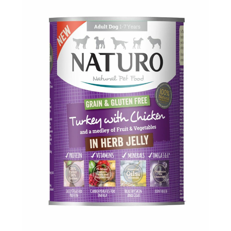 Naturo Adult Grain Gluten Free Indyk i kura w ziołowej galarecie 390g mokra karma dla psa